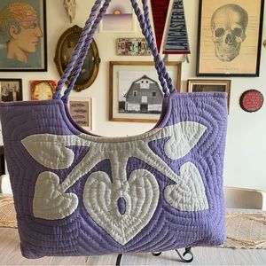 Handmade vintage Quilted lilac Purse / tote - rope handles
